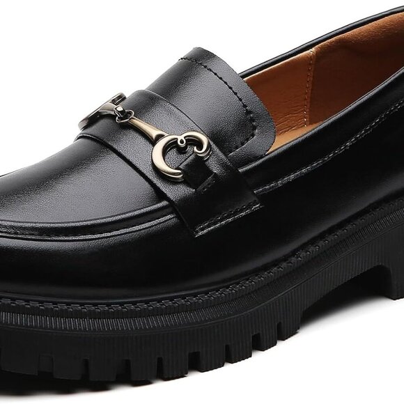 Women Loafers Leather Black Platform Slip-ons Chunky Chain Office Shoes